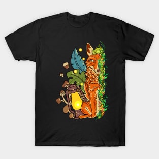 Fox and frog with mushrooms in the forest - Goblincore T-Shirt